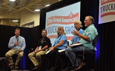 Panelists in the Partners in Business seminar around owner-op best practices on the final day of the Great American Trucking Show in Dallas, from left: ATBS’ Matt Amen (moderating the discussion), small fleet owner Les Willis, expediters Linda and Bob Caffee, and Overdrive contributor and owner-operator Gary Buchs.
