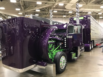 Iowa-based TJ Kounkel is competing in the Limited Mileage Combo class with this 2018 Peterbilt 389 and 2020 Wilson Silverstar livestock trailer.