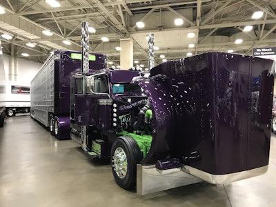 TJ Kounkel’s 2018 Peterbilt 389 and Wilson Silverstar livestock hauler won Best of Show in the Limited Mileage Combo category.