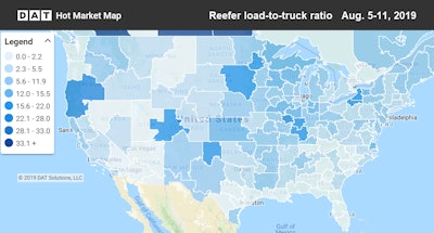 Demand for reefers trailed off in the West and shifted to Michigan, Minnesota, and other Midwest markets.
