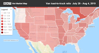 Last week vans were in highest demand in California, Nevada, and states bordering the Mississippi River. But rate gains were best in the East.