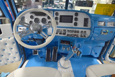 The blue used inside Dan Brubaker’s Caterpillar-powered 379 matches the exterior.