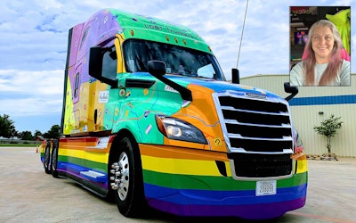Shelle Lichti (top right), founder of a support group for LGBTQ truckers, is known for her rainbow-themed company truck, dubbed Rainbow Rider.