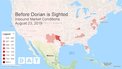 This van Hot Market Map shows van load/truck ratios inbound before Dorian was forecast to hit Florida as a major hurricane. The darker areas indicate more loads relative to the number of available trucks. The following map, conversely, shows what happened to those metrics in the aftermath as truckers and emergency logistics planners began to prep for the aftermath.