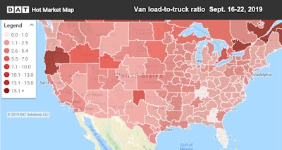 The van load-to-truck ratio averaged 2.1 last week, with higher demand in western markets that serve as alternatives to Houston.