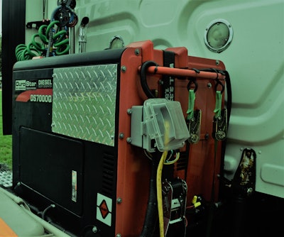 Owner-operator Doug Hasner’s generator powers anything needing a hotel load of electricity in-cab to eliminate idling, including an electric grill he carries, refrigerator, microwave and more. Plus, it’s now the proud owner of a custom stack made from a “chrome-plated brass drain and a P-trap” picked up in the plumbing section of Home Depot, Hasner says. “Redneck engineering at its finest.”