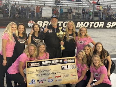 Jon Lisenbee (center) won his first career Bandit Series race at Bristol Motor Speedway on Oct. 12.