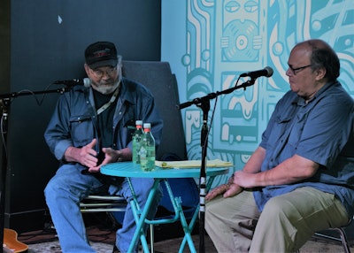 Trucker-songwriter Will Beeley (left) with music journalist Edd Hurt at the Grimery’s Record Store on Trinity Lane in Nashville last month.