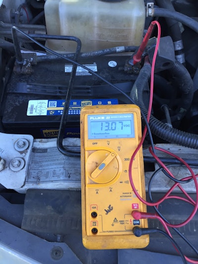 Voltage varies slightly depending on sunlight with 13.03 to 13.07 volts being typical in November. When testing began in August it peaked at 13.6 volts.
