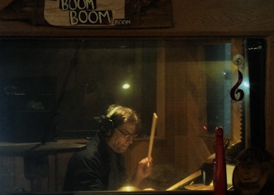 Percussionist Killius at work sequestered in Vernali’s “boom room” for the drums and working out the first of the four tracks Barker laid down Saturday, an original called “Do you ever think of me?”