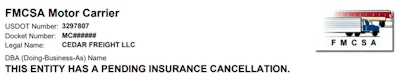 This shows the notice of a 30-day pending insurance or bond/trust cancellation that FMCSA now applies to entity profiles on its Licensing & Insurance website. It’s accessible via the Safer.gov site after you locate an entity through the lookup there. If you see this notice on a broker’s profile, and the broker has existed less than a year or 18 months, it could be a red flag. You can contact a broker’s surety provider to find out whether the cancellation is due to a run-up in claims from carriers that haven’t been paid.