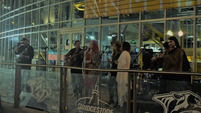 Nashville-based singer-songwriter Lindsay Lawler and a crew of local songwriters performed a variety of Christmas tunes for the crowd outside of Bridgestone Arena as part of the evening’s festivities.