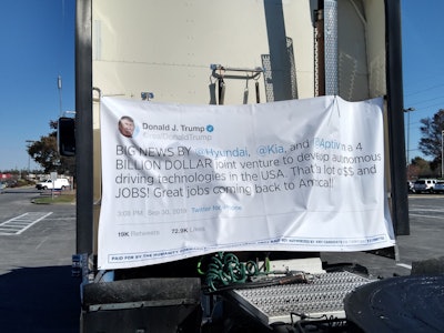 This banner shows a late-September tweet from the President hyping a Hyundai/Kia venture to develop autonomous driving techs at a new facility in the U.S.