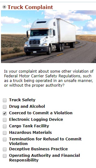 The initial selection on the desktop version of the FMCSA’s complaints website for operators reporting coercion to violate the regs.