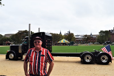 Jellison (pictured, with the rig) says the 2001 Peterbilt 379 was ordered originally as a daycab from the factory with this length of wheelbase shortly after the 9/11 attacks. Business at the factory was so slow “they’ll build you anything you want,” he says the original owner’s Pete-affiliated, Texas-based friend told him. The sleeper was added later.