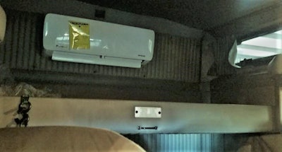 The interior portion of the 12K-Btu Pioneer Mini Split HVAC, a wall-mount unit most often used in stationary built interiors. Mike Greenberg’s “tested it to 104 degrees in Vegas,” he says, low-30s in St. Louis when he spoke to Overdrive about it last fall. “Since the interior unit is above the bunk, I use a floor fan” for circulating heat, he adds.