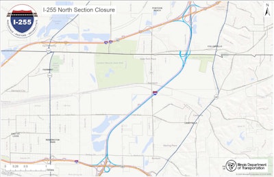 Illinois DOT crews will close a section of I-255 between I-64 and I-55/70 (outlined here in blue) for approximately five months before moving onto the second part of the project, which will close I-255 between I-64 and Illinois Highway 15.