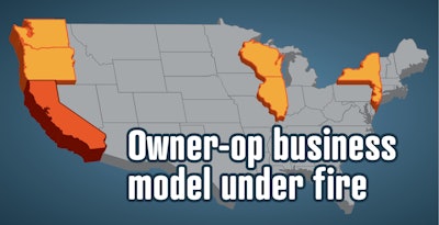 Andrea Marks, head of grassroots organization TruckerNation, said her group is attempting to educate its members in the states highlighted here (Oregon, Washington, Illinois, Wisconsin, New York and New Jersey) about the rise of ABC tests. Bills mandating ABC tests have been introduced in Washington, New York and New Jersey, while the Illinois Trucking Association says it’s preparing for a bill to be filed in that state. No such law has been filed in Wisconsin, and Oregon seems likely given its political leanings and its location. Owner-operators “are extremely vital to trucking industry,” says Wisconsin Motor Truck Association President Neil Kedzie. “We’re hoping that type of legislation does not come into being here in Wisconsin,” he says, as such laws threaten “the ability of small operators to exist and to be competitive.”