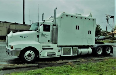 The ICT sleeper “measures 149 inches on the inside” from front to back, says Morgan. “I put a Tempur-Pedic in it so it’s nice and comfortable. It’s got a bathroom with shower and toilet, and it’s got the kitchen and closet space. Pretty roomy than most you see.” Rather than a back door to the catwalk, the passenger-side door is positioned right at the foot of the bed.