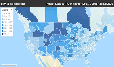 The biggest increases were on lanes that originate in southern Florida and Texas, big markets for produce imports where load-to-truck ratios (charted above) were something of a mixed bag. These areas, as well as Elizabeth, New Jersey, propelled rates on south-to-north reefer lanes.