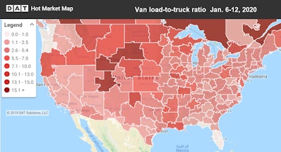 Van freight volume typically retreats in January but we have yet to see it. The national average load-to-truck ratio for van equipment was 3.2, edging down from the previous week but still favoring carriers—for now.