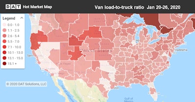 The national average van load-to-truck ratio slipped from 2.1 to 1.6 last week. As detailed above, rates were sliding, too.