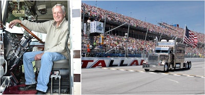 John Ray, a former trucker and NASCAR driver, passed away recently at 82. Ray was well-known in the racing community for driving his Peterbilt around Talladega Superspeedway with the American flag flying behind the rig during the National Anthem. (Talladega Superspeedway photo)