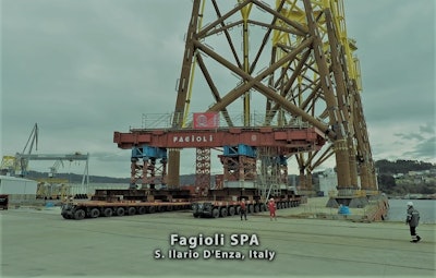 Fagioli’s jacket transport job in spring 2018 involved five different types of jacket structures, each with its own dimensions, that had to be quickly and safely loaded out (despite wind and other weather concerns) onto the 11 nearby barges planned for sea transport of the jackets. Fagioli came up with the idea to construct a custom frame structure to handle the complex load-outs and varying dimensions and weights of the jackets. All the beams and equipment in the custom structure underwent FEM software checks to evaluate bending moments and structural capacity. The main challenge was to create a frame structure that could lift the jackets during the load-out, but Fagioli was able to engineer a solution that involved retractable-edge main beams with movable stoppers.