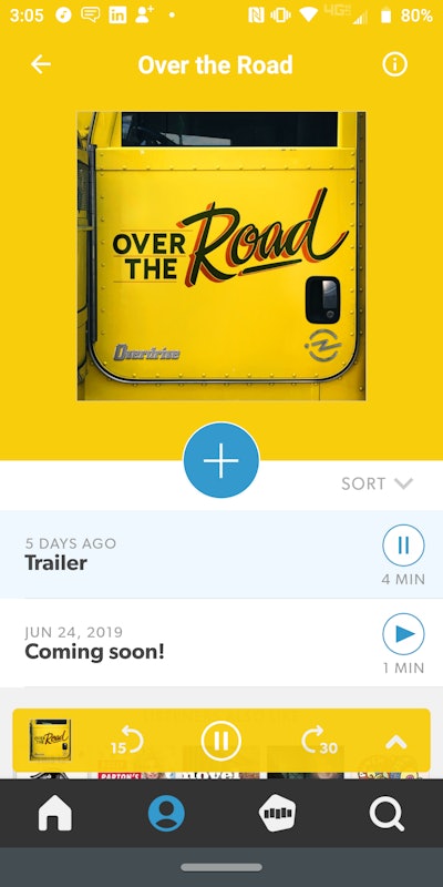 The podcast page for Over the Road in the Stitcher app on an Android phone. To add it to your favorites, there, you’d tap the circle/plus sign.