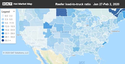 The average reefer load-to-truck ratio dipped to 3.4 over the last week, with very few hot spots of high truck band across the nation.