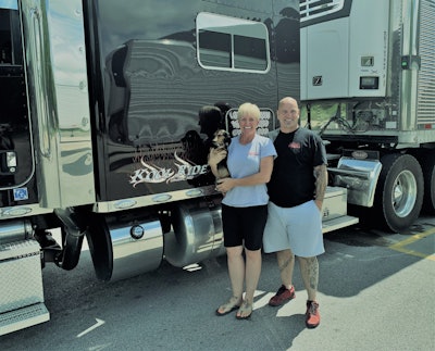Rick and Lisa Weddle, pictured last summer with the 2015 Peterbilt 389 involved in the accident that is described in this story, and which remains down for now. Their dog, Zoe, passed sadly this past December. She is missed.