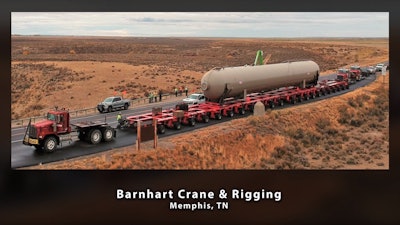 In fall 2018, Barnhart Crane & Rigging started planning this move of three 644,000-pound vessels from Pocatello, Idaho, to Fort Lupton, Colorado. The move would ultimately cross three states (and their respective laws and regulations) and require 7,667 man-hours. In addition to the difficulties posed by each state’s various requirements, winter conditions, curfew hours for oversize loads and bridge crossing restrictions made for a challenging haul. The project began in October and was completed in December of 2018. At the SC&RA event, the complexities of this move were apparent in the bridge analyses required by the three states through which the haul would run — Idaho, Wyoming, and Colorado. The route through the state of Wyoming between origin and destination states proved challenging as the route that was (eventually, after plenty analysis by the state bridge department) approved included four bridges out of 14 total that would be unable to support the weight. For ultimate approval, Barnhart, noted company rep Ragan Watson, utilized some common maneuvers — bypassing a bridge via county roads, a “crab steering” maneuver with the modular trailer to spread the load’s width as much as possible laterally across the bridge’s span — and some relatively uncommon ones (wing dollies supported with custom-built mounting bracketry).