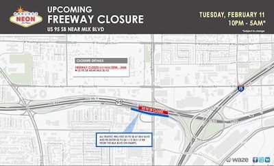 The Nevada Department of Transportation (NDOT) will close U.S. Highway 95 southbound at Martin Luther King Boulevard again tonight from 10 p.m., February 11, until 5 a.m., February 12, in downtown Las Vegas. The temporary closure is needed to adjust the overhead digital messaging sign to align with new freeway lane striping as part of NDOT’s Project NEON – a nearly $1 billion 4-mile-long Interstate 15 upgrade from the U.S. 95 interchange to Sahara Avenue that finished last summer. Detours will be posted For the latest state highway conditions, visit nvroads.com or call 511.