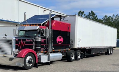 Chad Fowler’s “Solar Peterbilt” turns heads on the road for its solar installation on the roof of the 1996 379. That’s not, however, the only custom design work he’s put into it. The paint scheme draws on his personal history, from the batman logo in memory of young Sammy Bates, his ex-wife’s son, who passed away way too early. Fowler’s father then passed in 2015, so “I run his CB handle on my hood: Phantom 33.” The 33 is after the first truck the elder Fowler ever drove, truck No. 33 in the fleet of Frozen Food Express in Texas. Fowler runs with five other owner-operators leased to small fleet Generic Trucking.