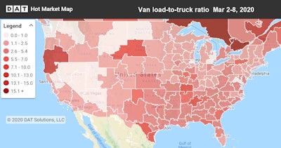 The national average van load-to-truck ratio has been rising for sixth straight weeks, though van rates have responded somewhat anemically, making only modest gains.