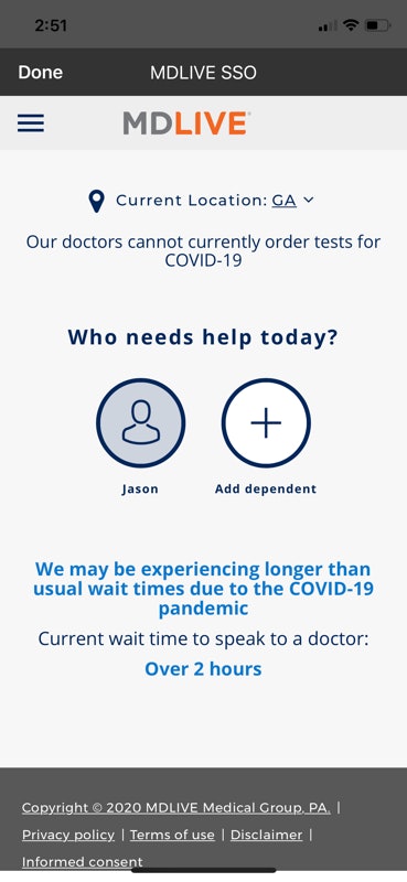 “One thing we have seen of late is that wait times have gone from initially being five-ten minutes” at the February 1 launch “to now up to two-three hours. Yet you don’t just sit there and wait on the phone.” Rather, you’ll be put in a virtual queue and sent a notification when it’s time for your consult, Sheets added. As this screenshot shows, the service’s docs cannot refer for COVID-19 testing, yet can be relied on for professional, informed advice. Also as shown, dependents (spouse, children) can access to the service, too, with the NAIT membership ID and the member’s date of birth.
