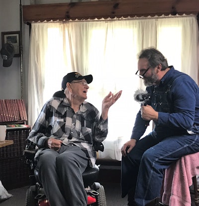 Retired independent and former wildcatter Theldon Thornburgh, 93, telling his story to Marhoefer (right) for Episode 3, in part illustrating how high freight rates for regulated commodities of the pre-deregulation era presented opportunity for those willing to moonlight outside of unregulated agricultural freight. | Photo by Denise Marhoefer