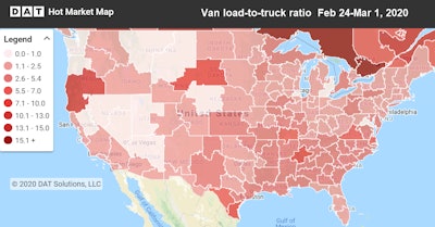 Van rates continue to be inconsistent in West Coast ports around Los Angeles, where the load-to-truck ratio was 2.6 last week.