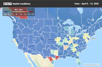 DAT’s van Market Conditions Index showed just two places last week where on balance throughout the period conditions favored carriers: Houston and Laredo, Texas.