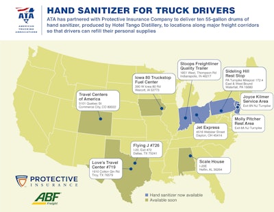 ATA and Protective Insurance partnered to deliver 55-gallon drums of hand sanitizer to 10 locations in eight states for drivers to refill their personal supplies for free.