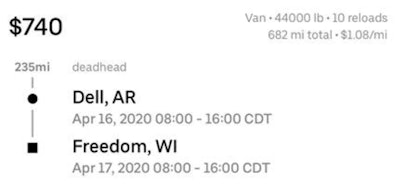 This screenshot of a load search within a radius at the center of the country last week for van freight in a popular app included this haul, with a $1.08 offer rate. Other loads in the search looked somewhat better at per-mile rates of $1.51, $1.28, and $1.30. For the particular operator making the search, though, all were well below anything he’d have even considered in normal times. Another owner-operator looked at what he was seeing this week from brokers and likened the notion of covering such a load at such a rate to “feeding the piranhas,” exciting the rest of the school to the frenzy.