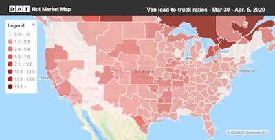 The load-to-truck ratio slide | As volumes declined sharply, the national average van load-to-truck ratio was 1.5 last week, down from 2.8 the previous week. Van ratios, shown above for the week ending April 5, continue to correct downward, nearing 2019 levels. The national average reefer load-to-truck ratio fell to 2.6 from 4.9 the previous week.