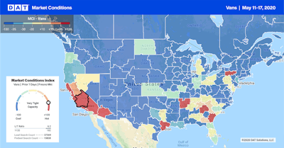 The DAT Market Conditions Index for vans highlights bright spots for freight, with California leading the way. Overall, the picture is a lot more optimistic than it was a few weeks ago.