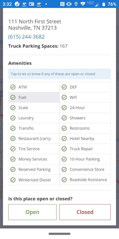 Screenshot from my Android of the new web app and the status page for my local truck stop — the downtown Nashville TA. If any of the list of amenities aren’t available when the user stops at a location, you can share that by toggling each box with a tap.