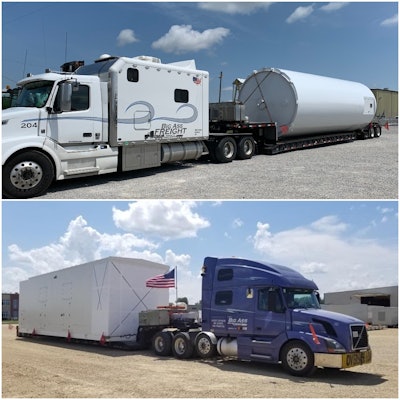 Dawn Weaver started her three-truck business with full intent to operate lean in terms of assets and overhead. Instead of a dedicated collections staff, she factors almost all of her invoices for mostly oversize (non-heavy) moves through OTR Capital. Pictured are two of her owner-operators’ trucks and loaded RGNs. At top: a 2012 Volvo VNL outfitted with a custom ARI big bunk, owned by Alan & Sons LLC and operated by Alan Kopetzky. The purple unit is a 2007 Volvo 780 owned and operated by Jonathan Achtemeier.