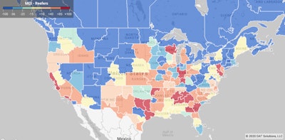 DAT’s Market Conditions Index map for reefers shows the demand for capacity remains hot across both California and areas of the Southeast.