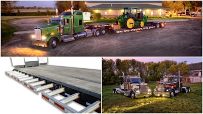 Pictured at top are Truck Transport headquarters and shop location with this company 2015 Kenworth W900L and 2012 XL Specialized 60MG double drop outfitted with the slide-out outrigger design John TeBrake developed in the 1980s (detail photo). It’s loaded with a piece of ag equipment that might well be considered the company’s bread and butter for freight.