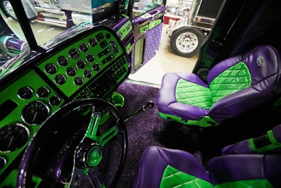 The interior of this 2018 Peterbilt 389, entered by TJ Kounkel, mirrors its exterior colors. The truck won Best of Show in the Limited Mileage Combo Class and Best Paint in that class at the 2019 Pride & Polish.