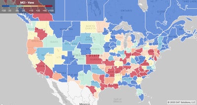 Repositioned freight: DAT’s 7-day Market Conditions Index shows high demand for truckload van capacity along the Gulf Coast as shippers looked to reposition freight ahead of two major storms last week. The biggest price increase on the top 100 van lanes by volume last week was the lane from Houston to New Orleans, where the average rate rose 17 cents to $3.19 per mile.