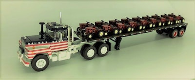 This shows a series of 1967 Wheel Horse 877 tractors on a flatbed pulled by a 1967 Mack R-600. Hoffman posted it as preview to his Eston’s Hobbies and Restorations Facebook page (that’s right, he does actual antique resto work, too, on the truck side, mostly on Mack tractors).